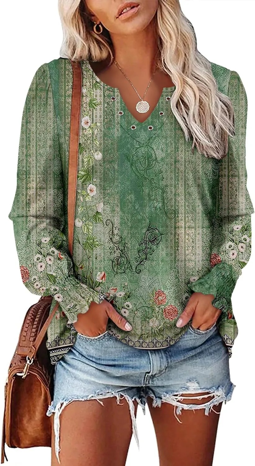 onlypuff V Neck Tops for Women Long Sleeve Shirts Loose Fit Tunic Top Cute Ladies Blouse Fall Fashion Tops