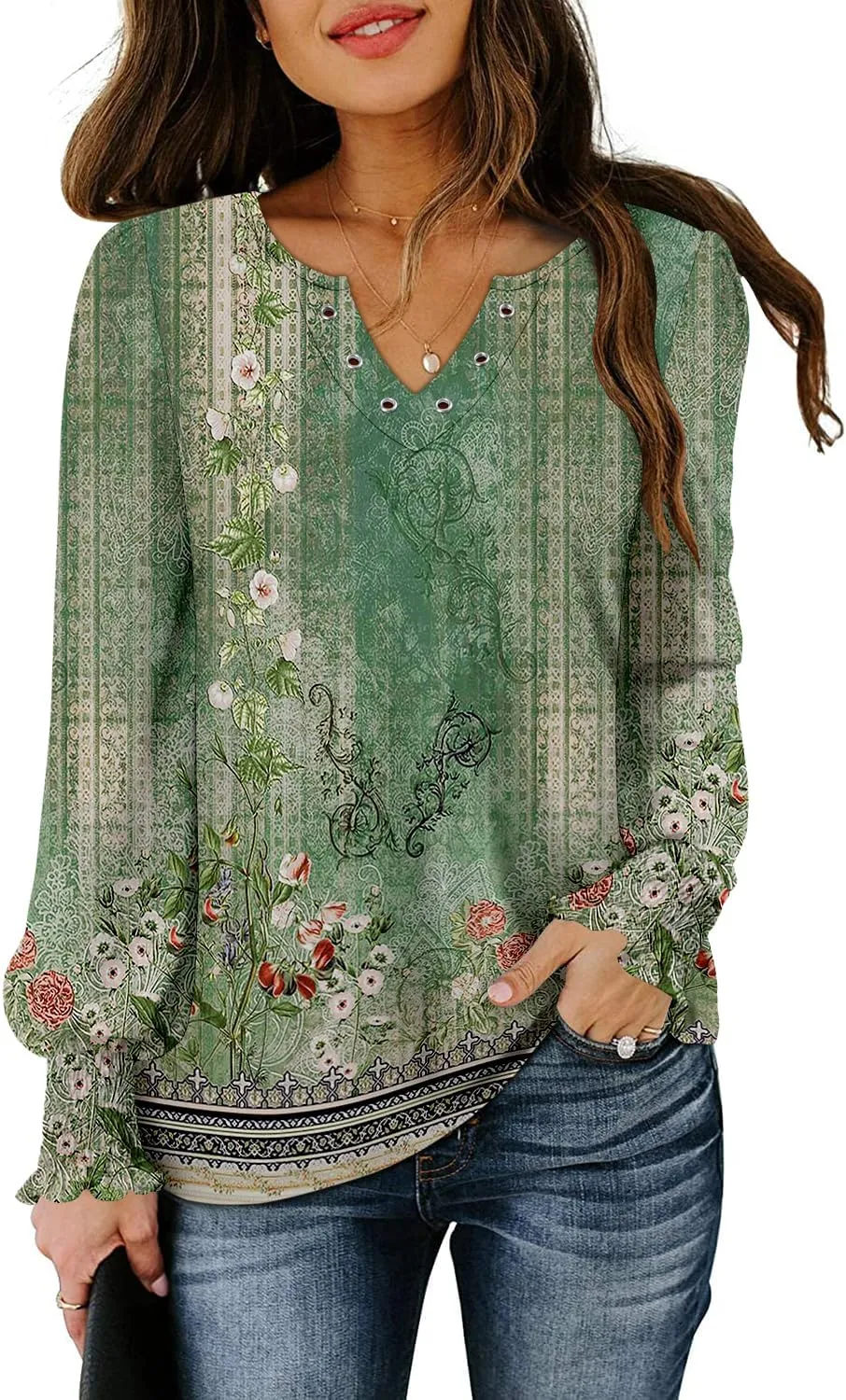 onlypuff V Neck Tops for Women Long Sleeve Shirts Loose Fit Tunic Top Cute Ladies Blouse Fall Fashion Tops