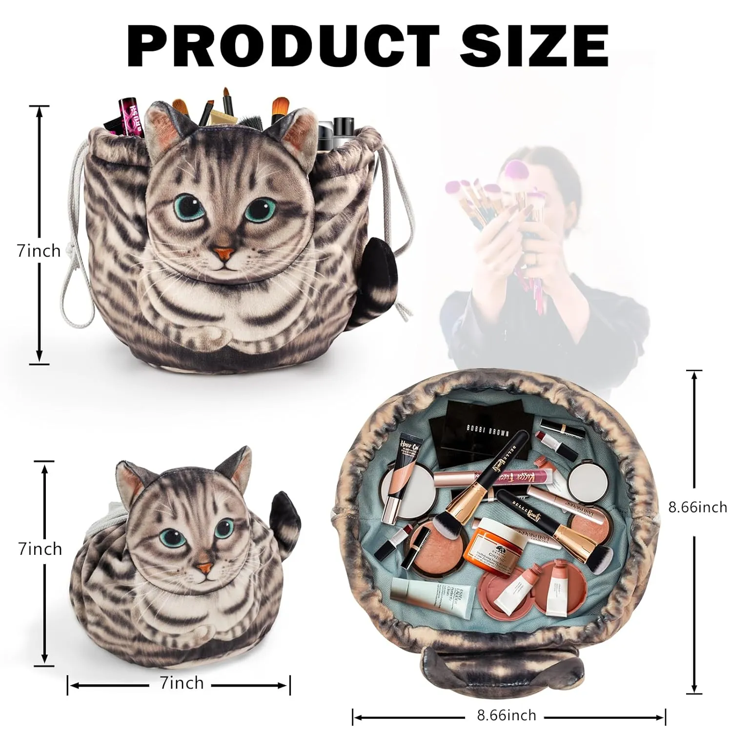 Openhaha Drawstring Travel Organizer, Cosmetic Pouch - Cat Gift for Women, Lay Flat Makeup Bag Gifts for Cat Lovers (2-Pack)