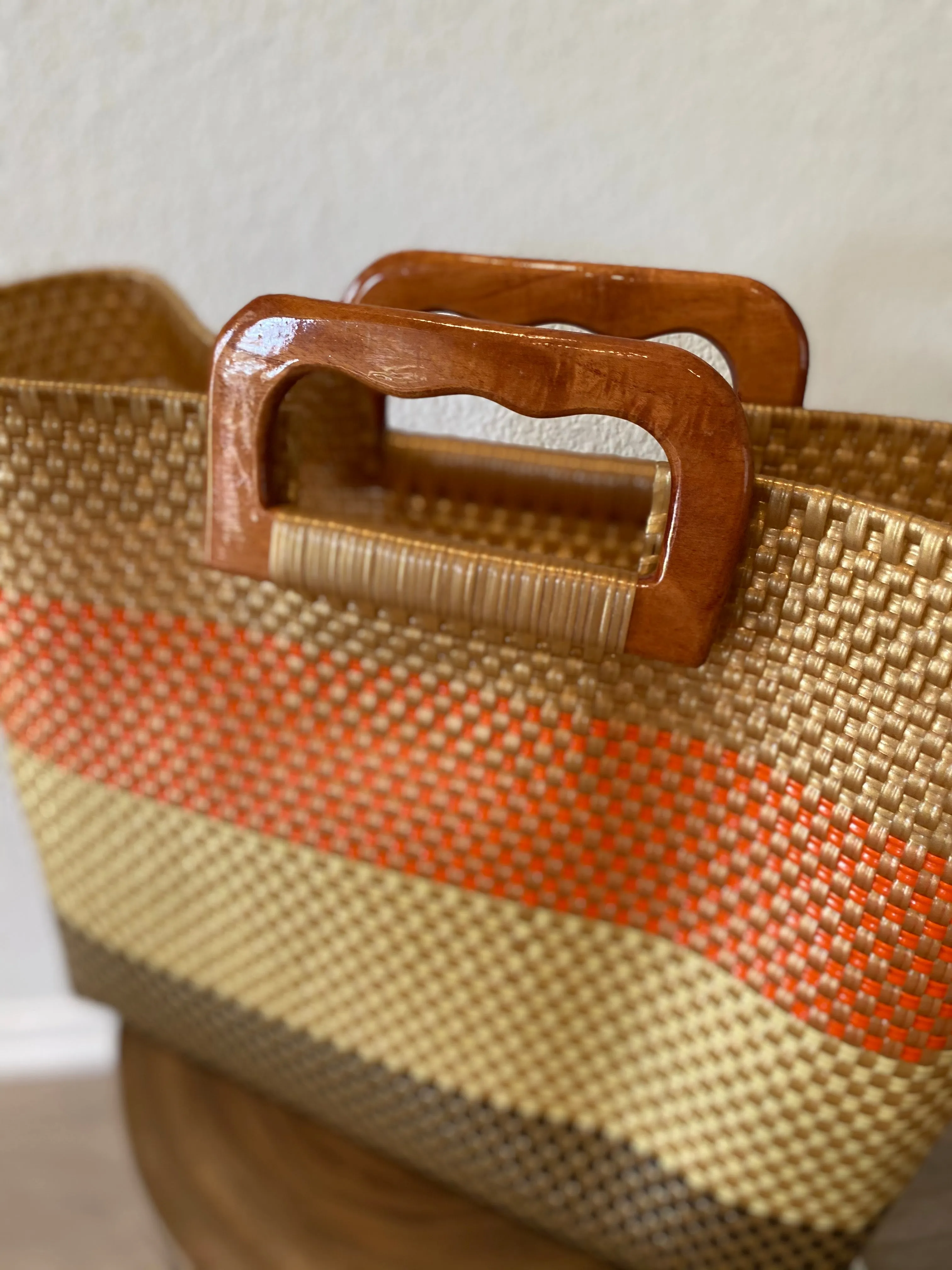 Orange, Gold and Brown Wood-Handled Woven Tote