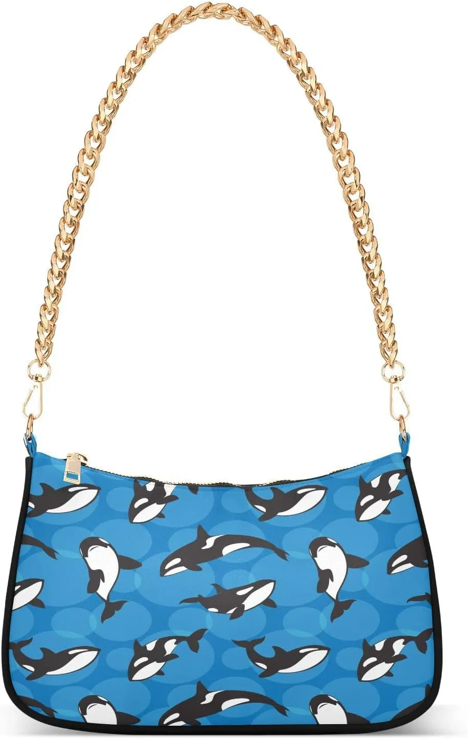 Orca Killer Whale on Blue Background Shoulder Handbags for Women Travel Hobo Tote Handbag Women Gold Chain Shoulder Bags Purse with Zipper Closure
