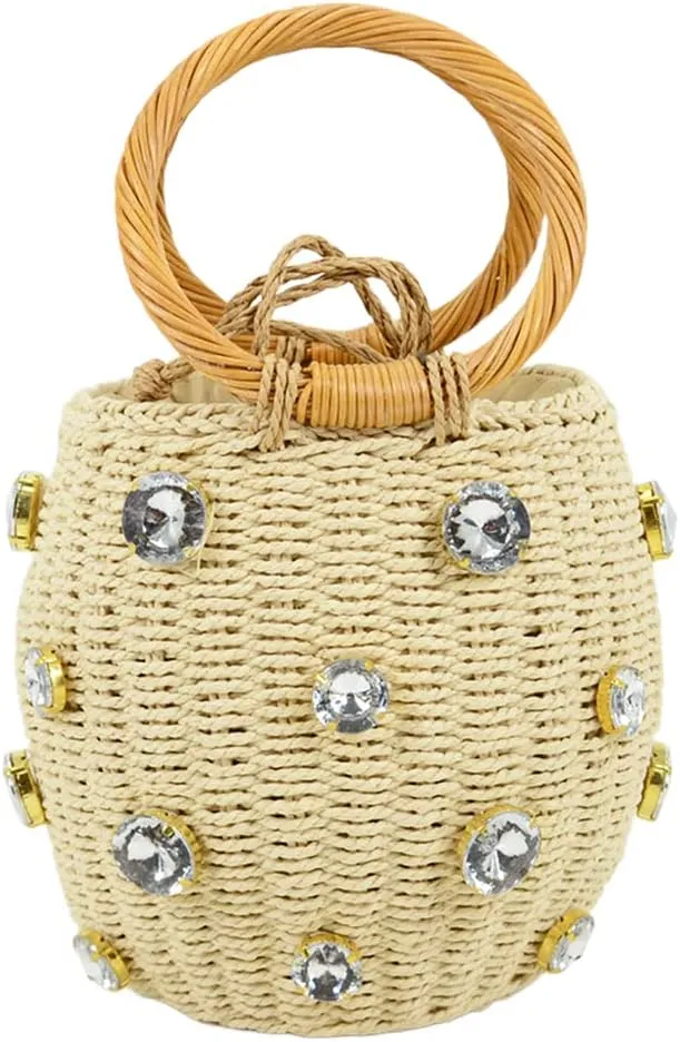 Orgonite Bucket Straw Handbag, Handmade Tote Bag with Pearl Flower, Beach Woven Bag Rattan Basket Purse Drawstring for Women