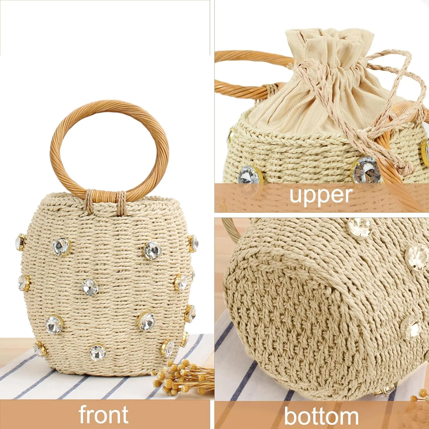 Orgonite Bucket Straw Handbag, Handmade Tote Bag with Pearl Flower, Beach Woven Bag Rattan Basket Purse Drawstring for Women