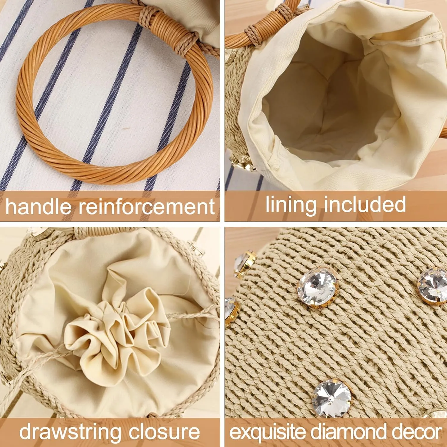 Orgonite Bucket Straw Handbag, Handmade Tote Bag with Pearl Flower, Beach Woven Bag Rattan Basket Purse Drawstring for Women