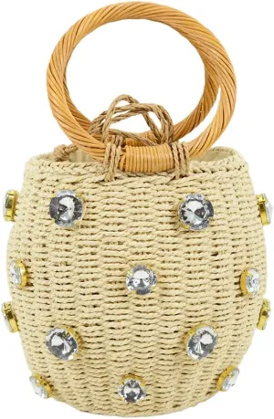 Orgonite Bucket Straw Handbag, Handmade Tote Bag with Pearl Flower, Beach Woven Bag Rattan Basket Purse Drawstring for Women