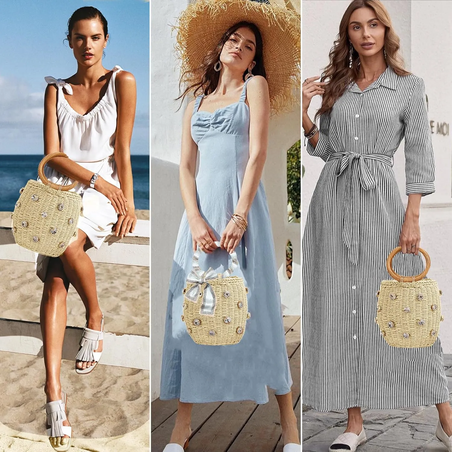 Orgonite Bucket Straw Handbag, Handmade Tote Bag with Pearl Flower, Beach Woven Bag Rattan Basket Purse Drawstring for Women