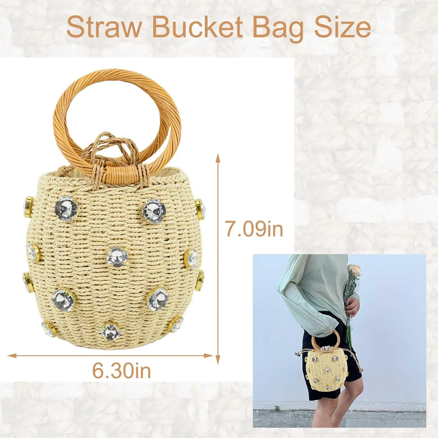 Orgonite Bucket Straw Handbag, Handmade Tote Bag with Pearl Flower, Beach Woven Bag Rattan Basket Purse Drawstring for Women