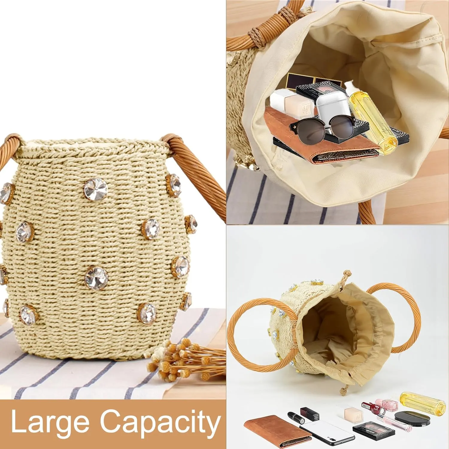 Orgonite Bucket Straw Handbag, Handmade Tote Bag with Pearl Flower, Beach Woven Bag Rattan Basket Purse Drawstring for Women