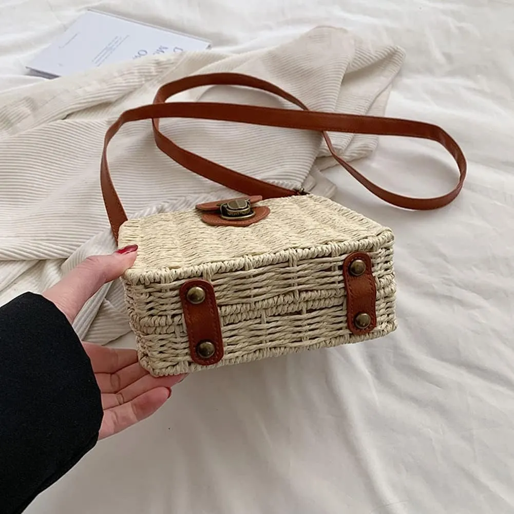Orgonite Straw Tote Bag Woven Handbag Rattan Wicker Shoulder Crossbody Bag Imitation Bamboo Handle for Women Summer Beach