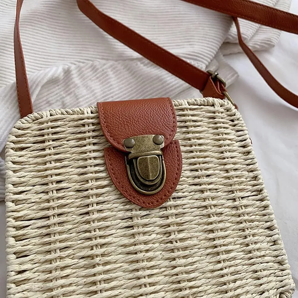 Orgonite Straw Tote Bag Woven Handbag Rattan Wicker Shoulder Crossbody Bag Imitation Bamboo Handle for Women Summer Beach