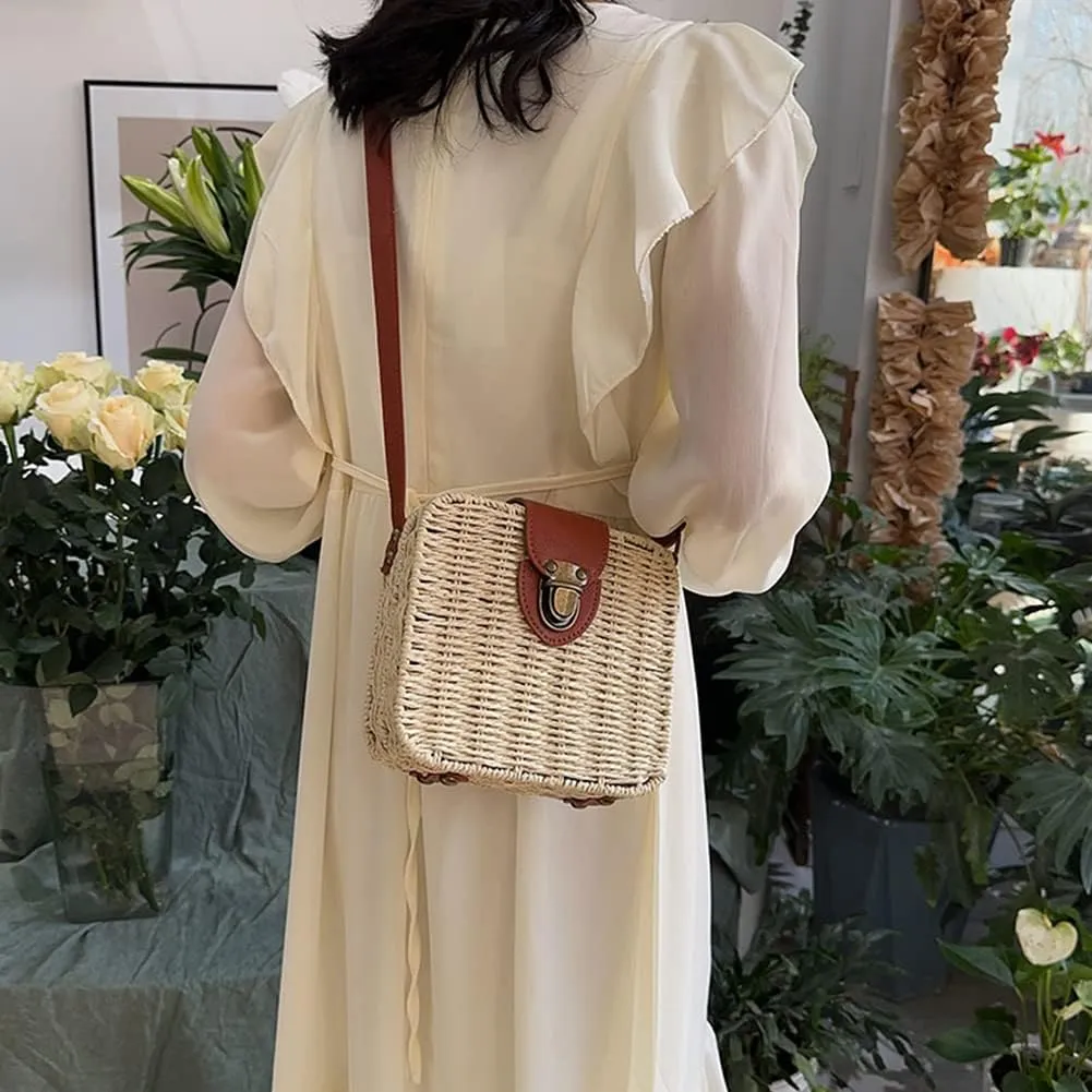 Orgonite Straw Tote Bag Woven Handbag Rattan Wicker Shoulder Crossbody Bag Imitation Bamboo Handle for Women Summer Beach