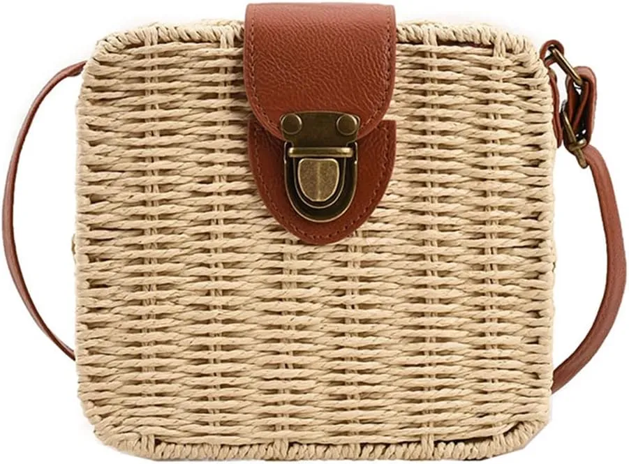 Orgonite Straw Tote Bag Woven Handbag Rattan Wicker Shoulder Crossbody Bag Imitation Bamboo Handle for Women Summer Beach