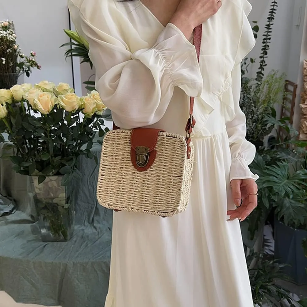 Orgonite Straw Tote Bag Woven Handbag Rattan Wicker Shoulder Crossbody Bag Imitation Bamboo Handle for Women Summer Beach