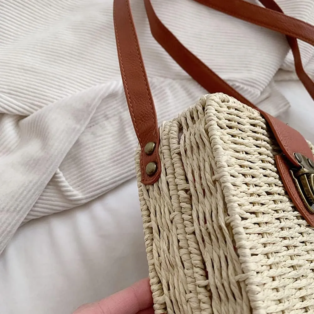 Orgonite Straw Tote Bag Woven Handbag Rattan Wicker Shoulder Crossbody Bag Imitation Bamboo Handle for Women Summer Beach