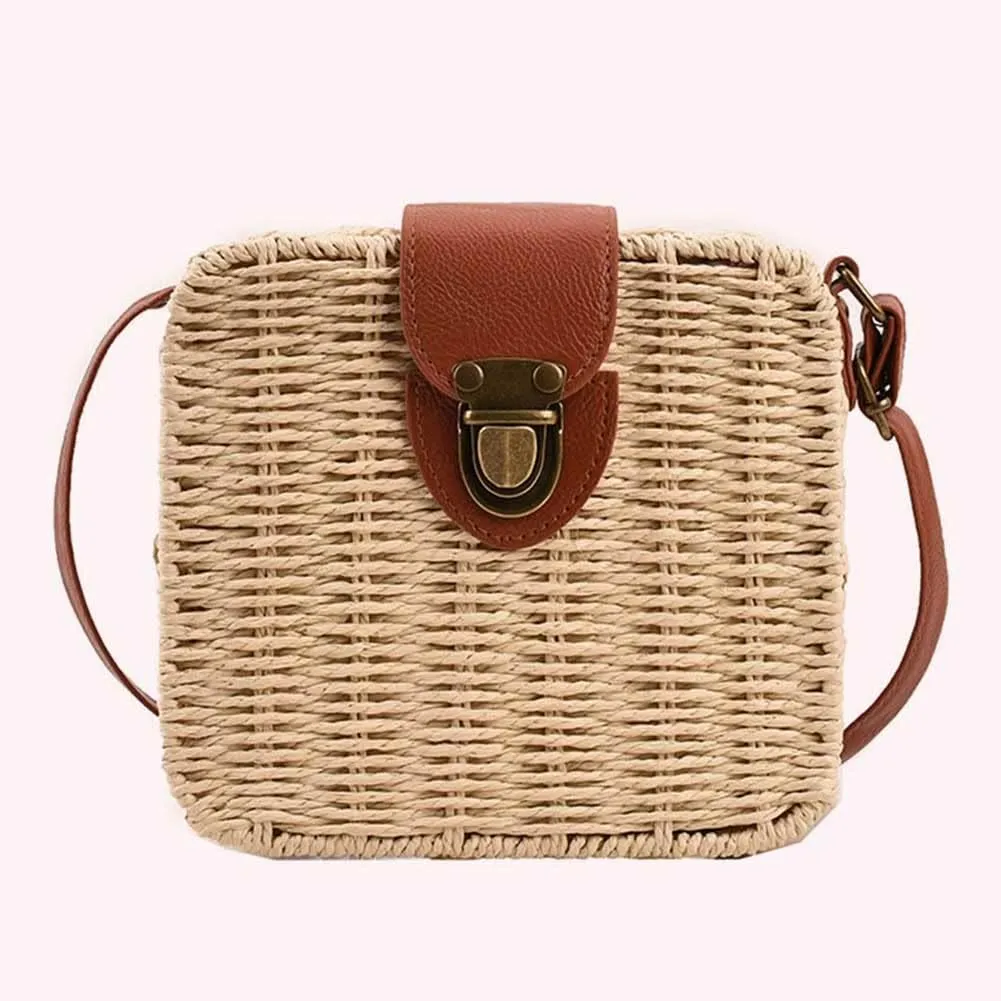Orgonite Straw Tote Bag Woven Handbag Rattan Wicker Shoulder Crossbody Bag Imitation Bamboo Handle for Women Summer Beach