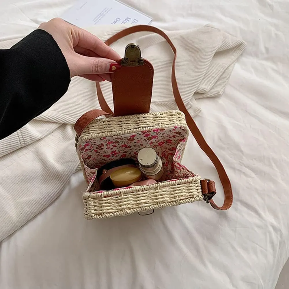 Orgonite Straw Tote Bag Woven Handbag Rattan Wicker Shoulder Crossbody Bag Imitation Bamboo Handle for Women Summer Beach