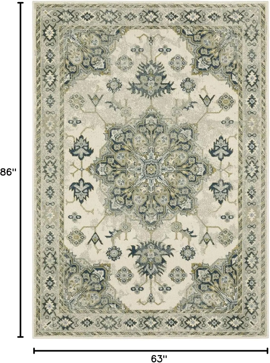Oriental Weavers Branson Area Rug - BR04B - 5'3" x 7'3" - in Ivory/Blue - Vintage Inspired, Stain Resistant, Family and Pet Friendly, Bedroom, Office Rug