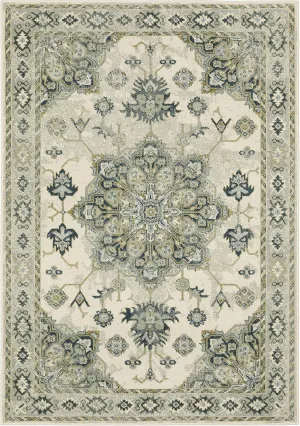 Oriental Weavers Branson Area Rug - BR04B - 5'3" x 7'3" - in Ivory/Blue - Vintage Inspired, Stain Resistant, Family and Pet Friendly, Bedroom, Office Rug