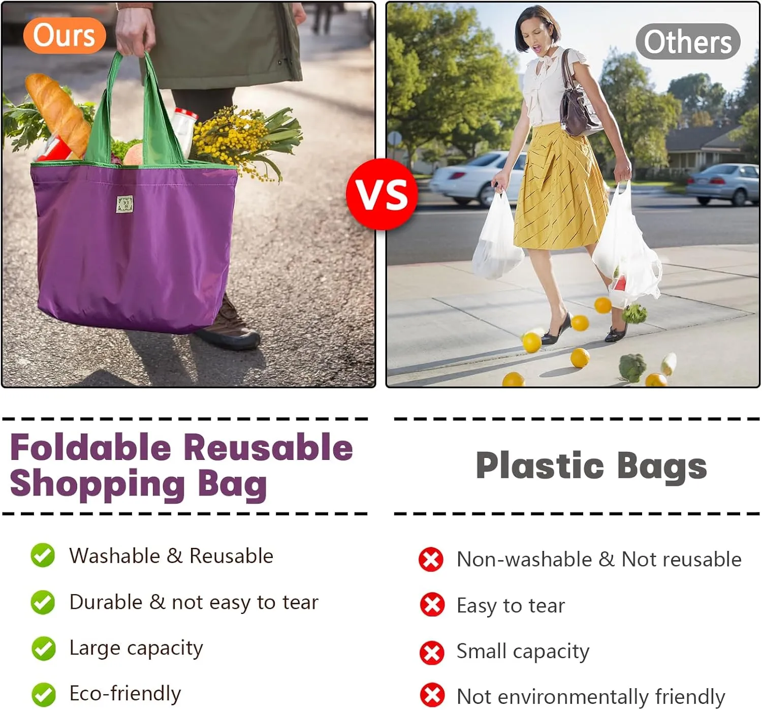 OSAGIE Reusable Grocery Bag Foldable Shopping Bag with Pocket Extra Wide Handle Portable Durable Washable Tote Bags for Women