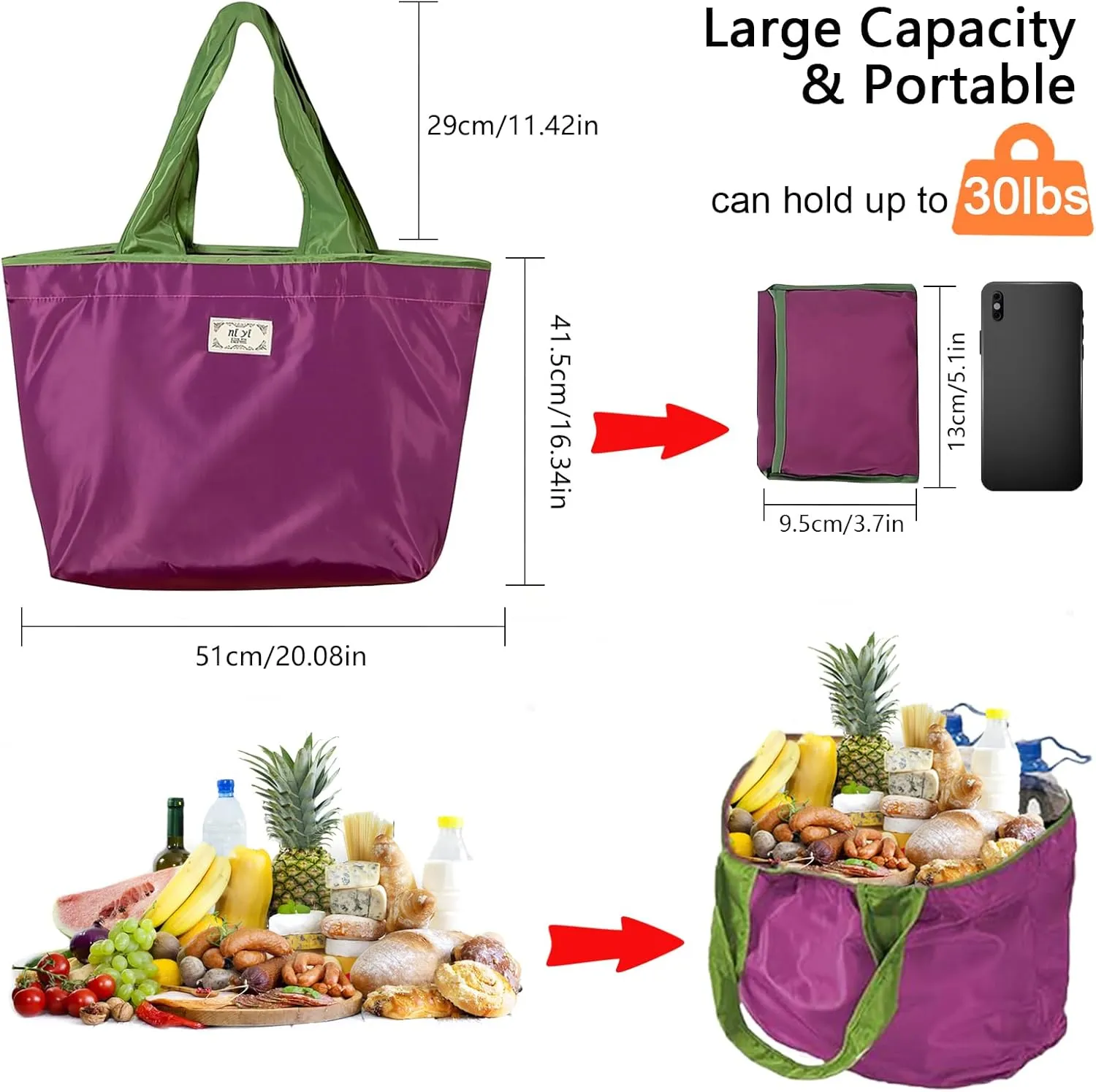 OSAGIE Reusable Grocery Bag Foldable Shopping Bag with Pocket Extra Wide Handle Portable Durable Washable Tote Bags for Women