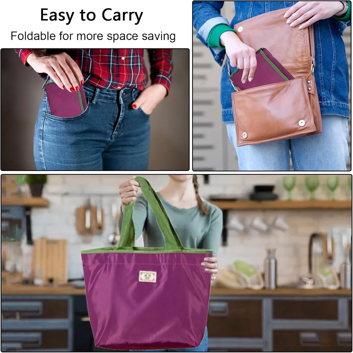 OSAGIE Reusable Grocery Bag Foldable Shopping Bag with Pocket Extra Wide Handle Portable Durable Washable Tote Bags for Women