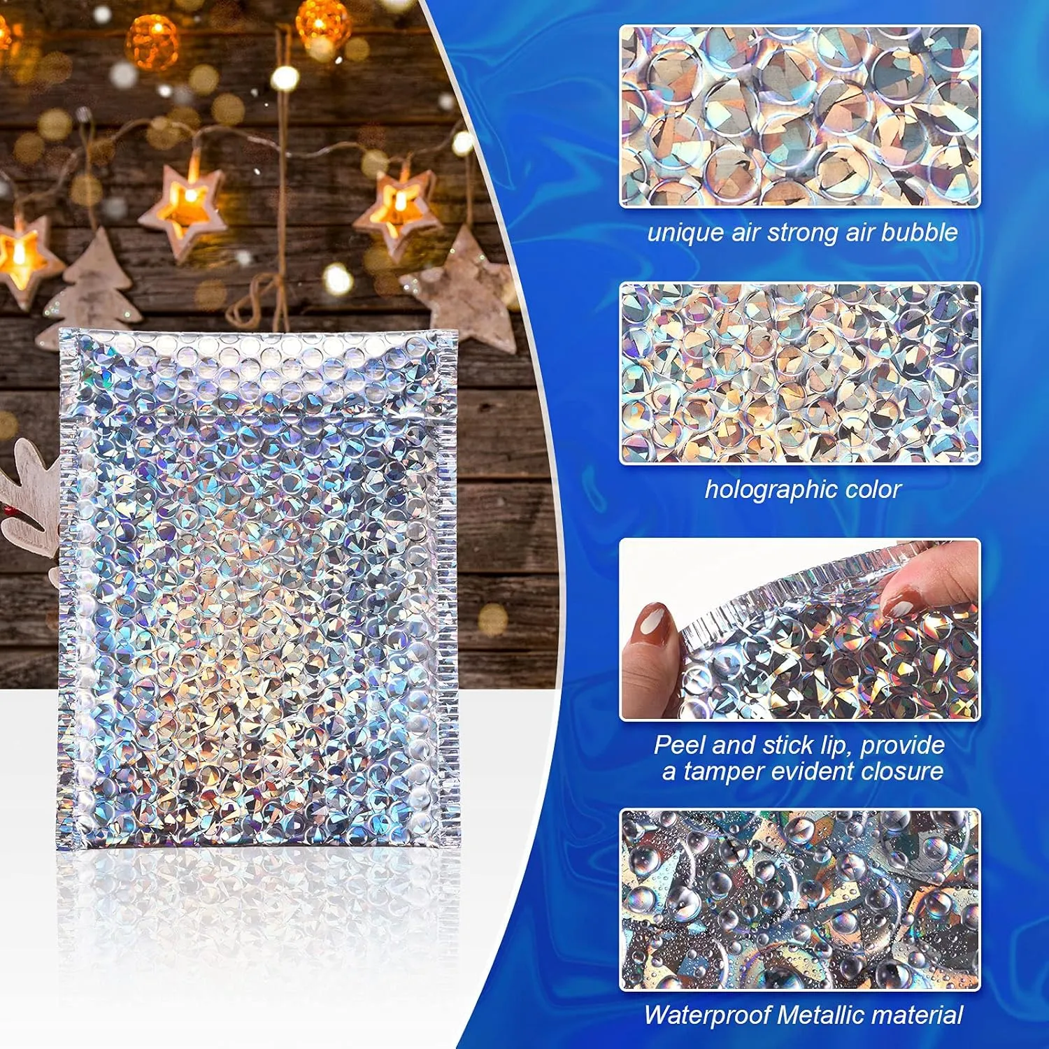 Outus 50 Pieces Metallic Padded Bubble Mailers Delivery Poly Mailers Foil Glitter Padded Envelopes Adhesive Seal Closure Envelopes Delivery Bags for Mailing Packing(Glitter Silver)
