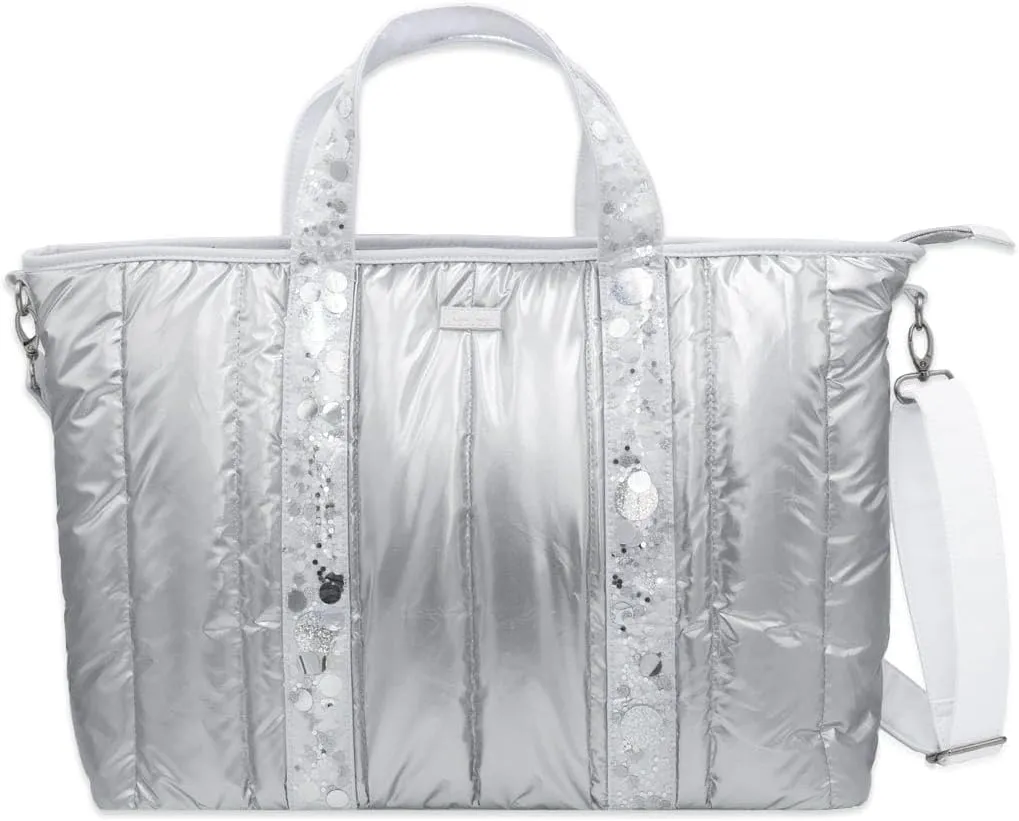 Packed Party Silver Puffy Confetti Weekender Duffle Bag, Cute Overnight Travel Luggage for Women, Great for Ladies at the Gym, Airlines, Travel, Hospital Visits and Work (Metallic)