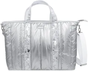 Packed Party Silver Puffy Confetti Weekender Duffle Bag, Cute Overnight Travel Luggage for Women, Great for Ladies at the Gym, Airlines, Travel, Hospital Visits and Work (Metallic)