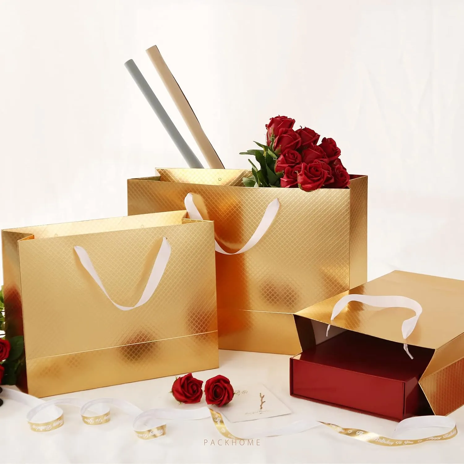 PACKHOME 12 Large Gift Bags 10x5x13 Inches, Gold Premium Gift Bags with Handles for Gift Giving (Matte Gold with Lattice Texture)