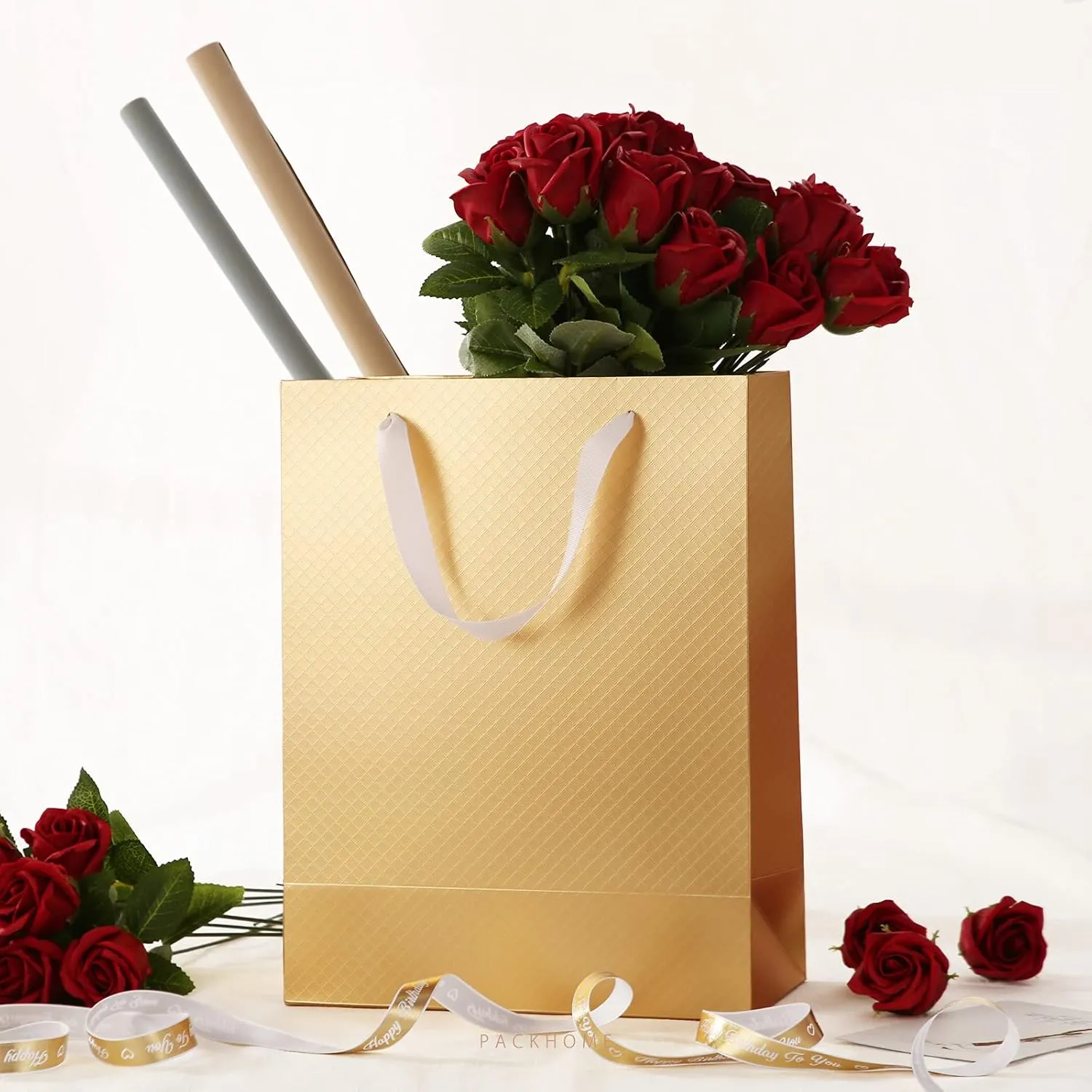 PACKHOME 12 Large Gift Bags 10x5x13 Inches, Gold Premium Gift Bags with Handles for Gift Giving (Matte Gold with Lattice Texture)