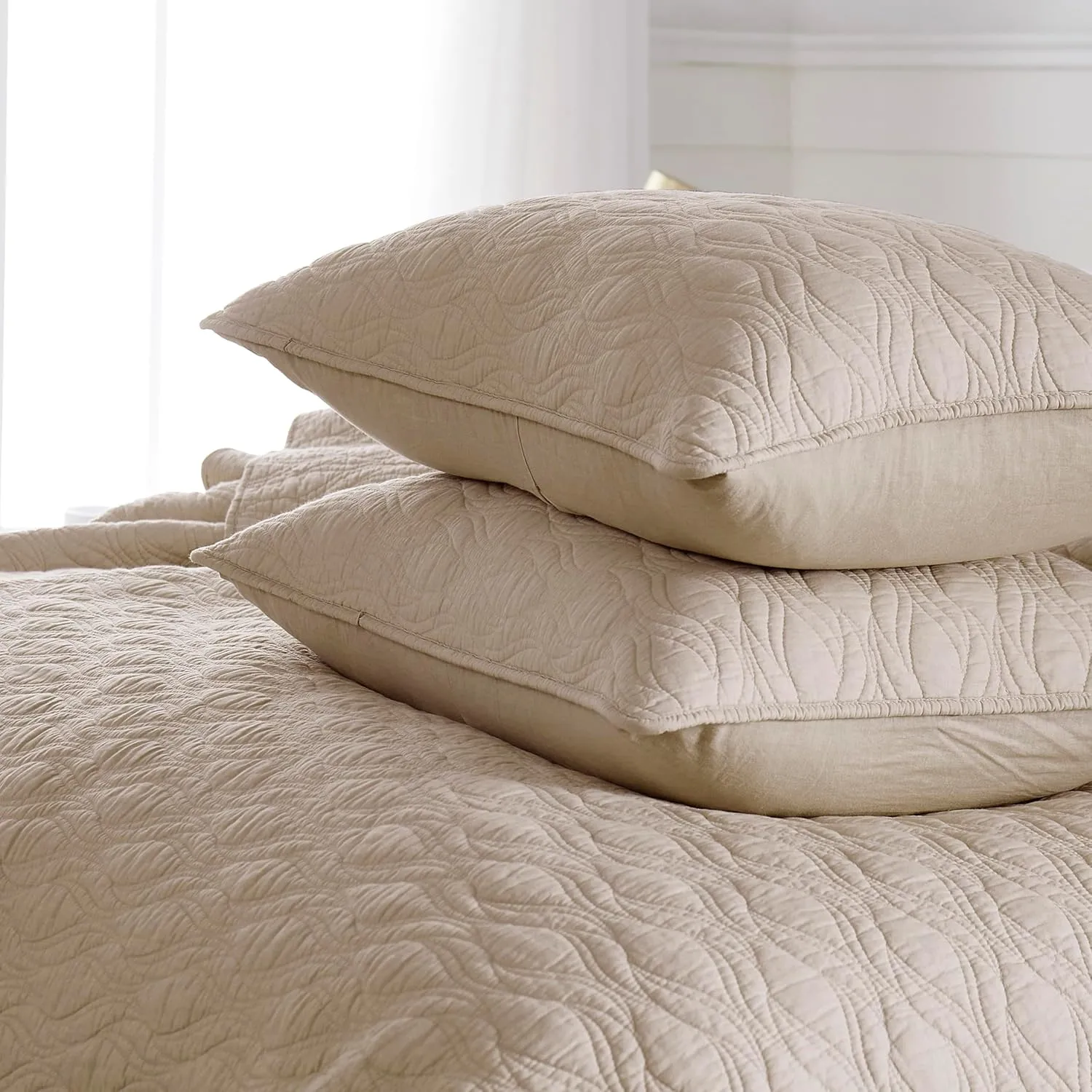 palassio Beige 100% Cotton Quilt Twin Size Bedding Sets with Pillow Sham, Tan Lightweight Soft Bedspread Coverlet, Quilted Comforter Bed Cover for All Season, 2 Pieces, 68x86 inches