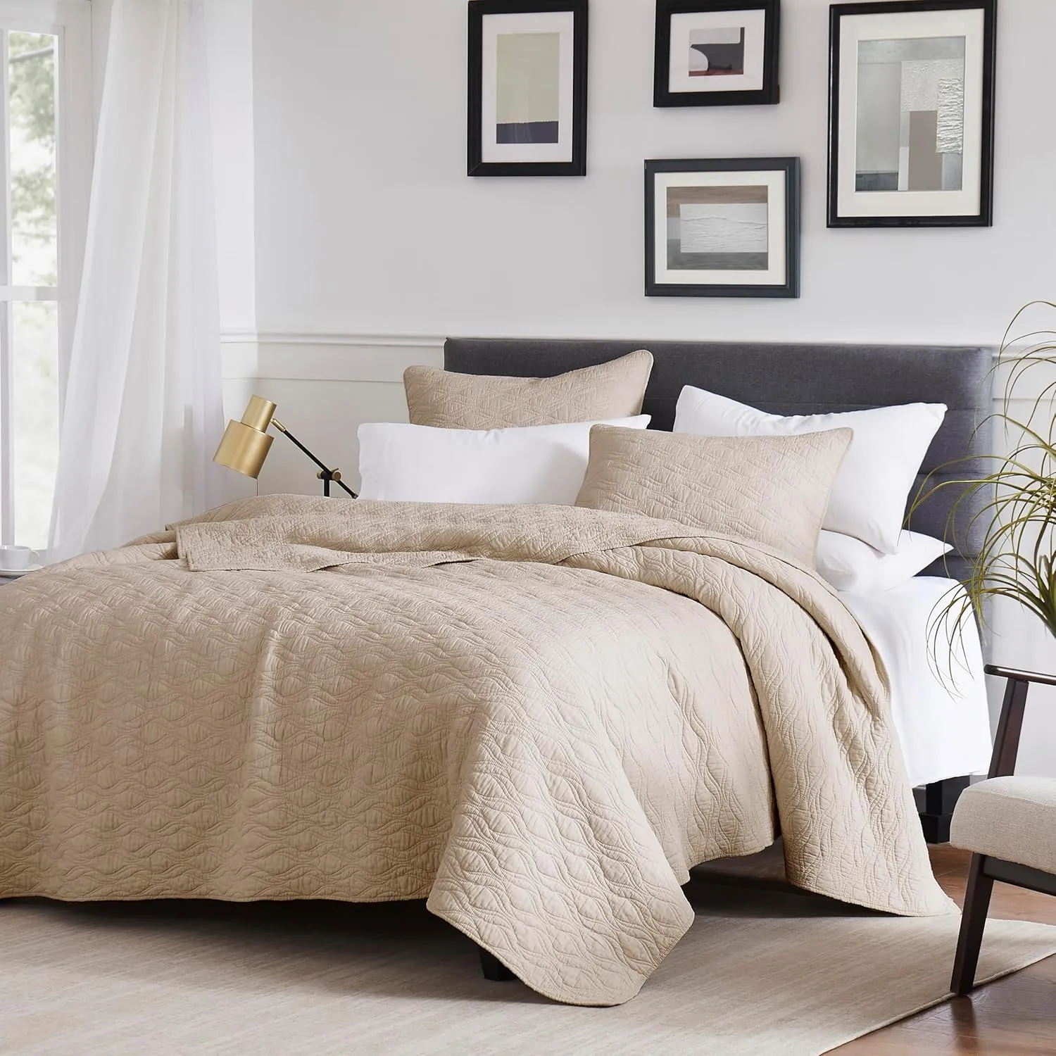 palassio Beige 100% Cotton Quilt Twin Size Bedding Sets with Pillow Sham, Tan Lightweight Soft Bedspread Coverlet, Quilted Comforter Bed Cover for All Season, 2 Pieces, 68x86 inches