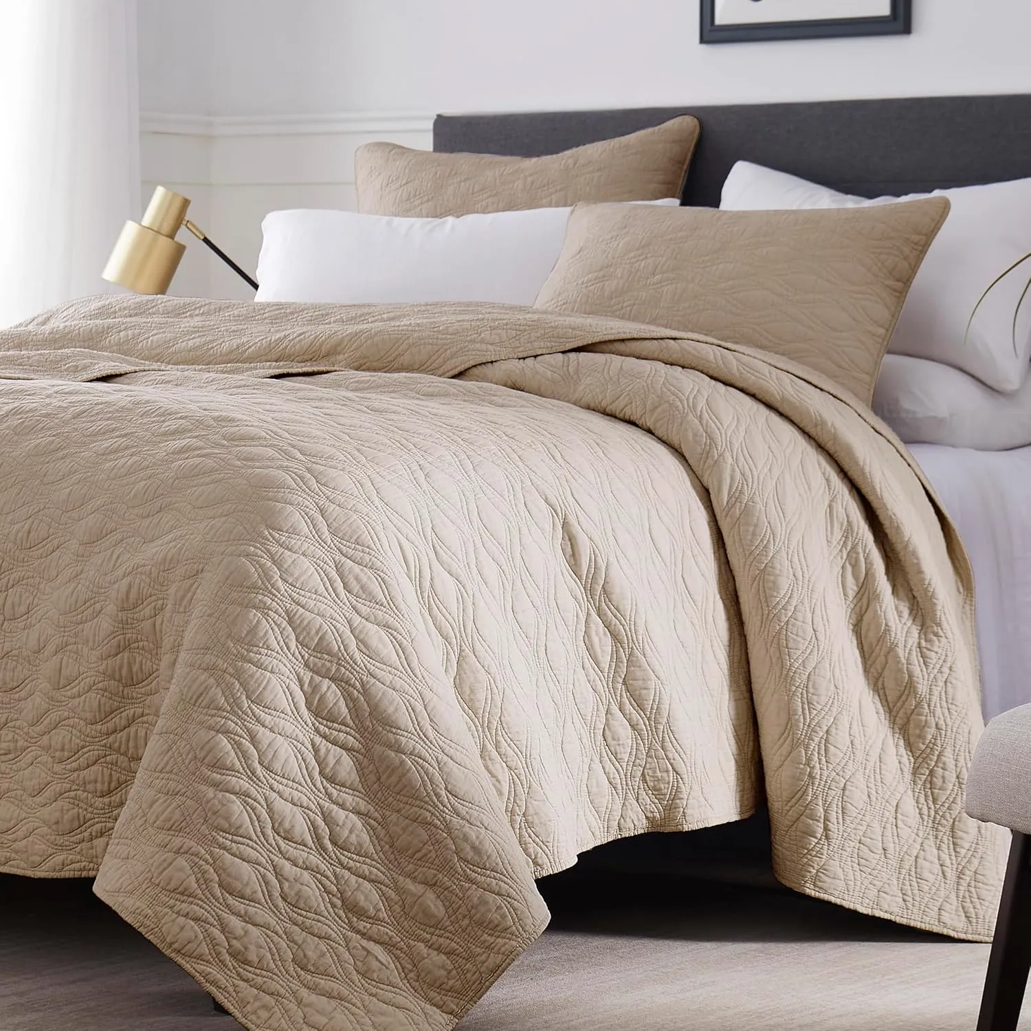 palassio Beige 100% Cotton Quilt Twin Size Bedding Sets with Pillow Sham, Tan Lightweight Soft Bedspread Coverlet, Quilted Comforter Bed Cover for All Season, 2 Pieces, 68x86 inches