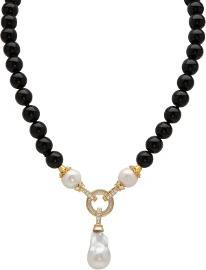 PalmBeach Goldtone Round Genuine Cultured Freshwater Pearls, Black Agate Y Neck Necklace (10mm), Fold Over Clasp, 20 inches