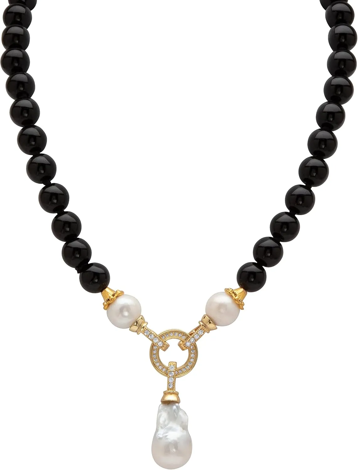 PalmBeach Goldtone Round Genuine Cultured Freshwater Pearls, Black Agate Y Neck Necklace (10mm), Fold Over Clasp, 20 inches