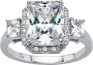 PalmBeach Platinum-plated Sterling Silver Emerald Cut Created Sapphire 3 Stone Halo Engagement Ring Sizes 6-10 Size 7