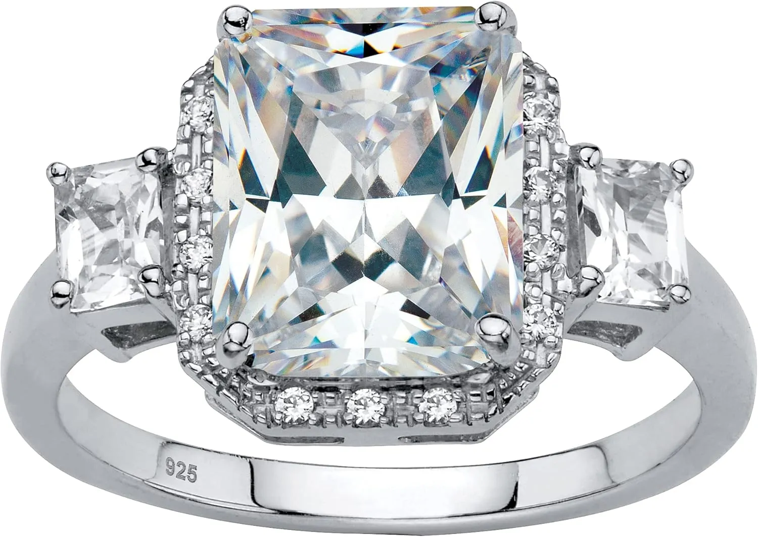 PalmBeach Platinum-plated Sterling Silver Emerald Cut Created Sapphire 3 Stone Halo Engagement Ring Sizes 6-10 Size 7