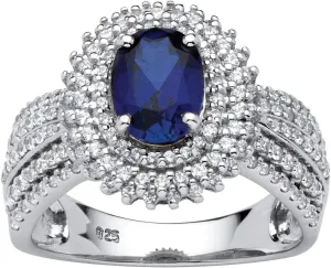 PalmBeach Platinum-plated Sterling Silver Oval Cut Created Blue Sapphire and Round Cubic Zirconia Engagement Ring Sizes 5-10