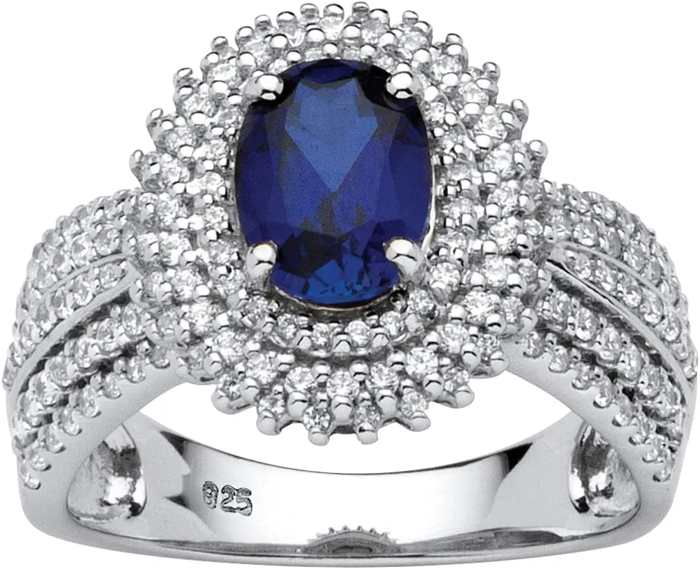 PalmBeach Platinum-plated Sterling Silver Oval Cut Created Blue Sapphire and Round Cubic Zirconia Engagement Ring Sizes 5-10