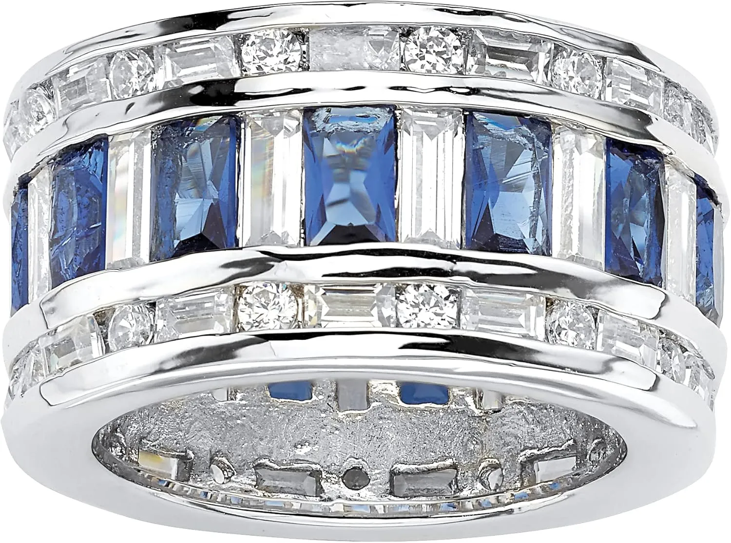 PalmBeach Silvertone Baguette Cubic Zirconia and Emerald Cut Simulated Blue Sapphire Ring Sizes 7-12