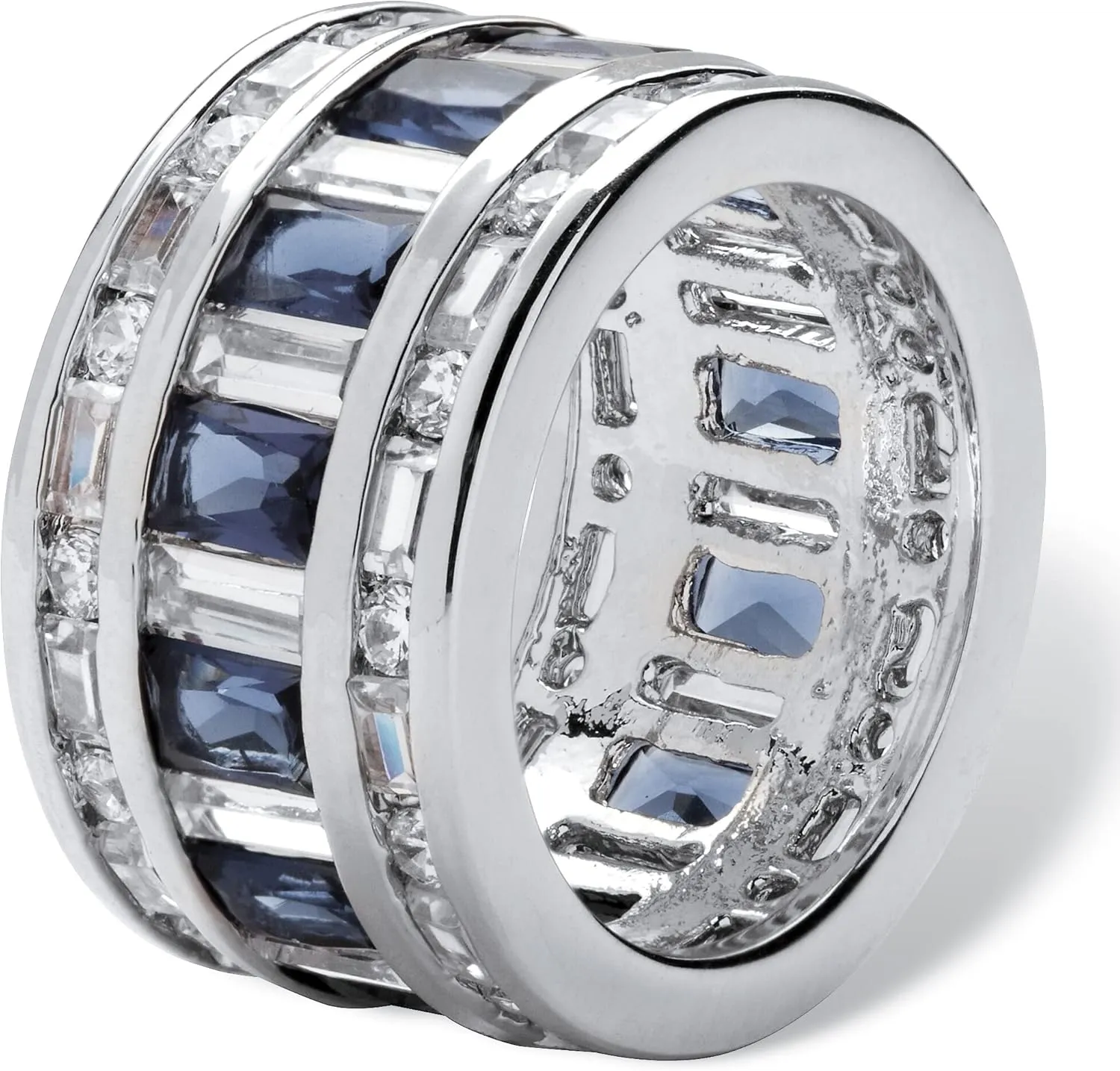 PalmBeach Silvertone Baguette Cubic Zirconia and Emerald Cut Simulated Blue Sapphire Ring Sizes 7-12