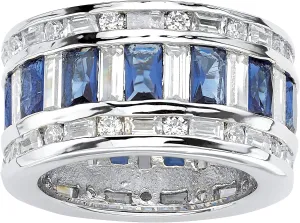 PalmBeach Silvertone Baguette Cubic Zirconia and Emerald Cut Simulated Blue Sapphire Ring Sizes 7-12