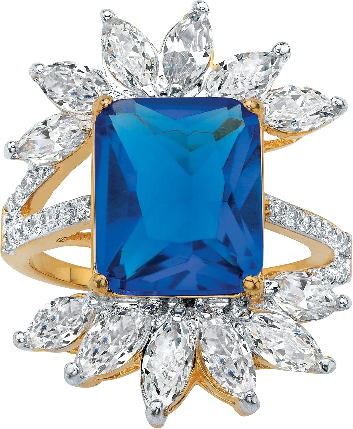 PalmBeach Yellow Gold-Plated Emerald Cut Simulated Blue Sapphire with Marquise Cubic Zirconia Starburst Ring Sizes 6-10 Size 6