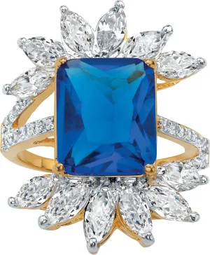 PalmBeach Yellow Gold-Plated Emerald Cut Simulated Blue Sapphire with Marquise Cubic Zirconia Starburst Ring Sizes 6-10 Size 6