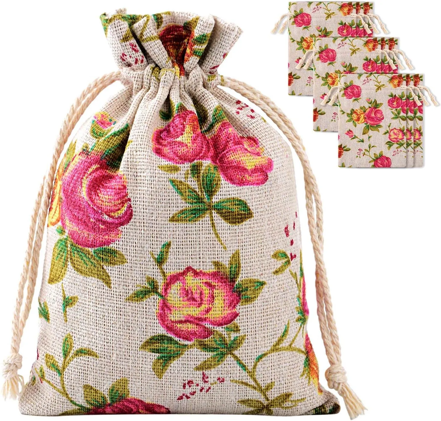 Pangda 30 Pieces Small Size Rose Drawstring Bags Burlap Flower Pouch Bag Linen Gift Pocket Jewelry Pouch for Wedding DIY Craft Party (3.9 x 5 Inch)
