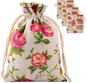 Pangda 30 Pieces Small Size Rose Drawstring Bags Burlap Flower Pouch Bag Linen Gift Pocket Jewelry Pouch for Wedding DIY Craft Party (3.9 x 5 Inch)