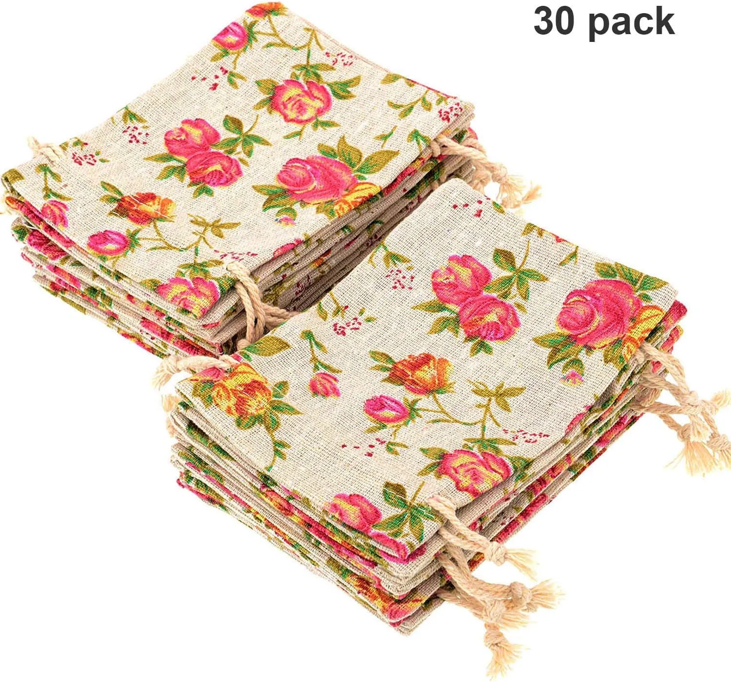 Pangda 30 Pieces Small Size Rose Drawstring Bags Burlap Flower Pouch Bag Linen Gift Pocket Jewelry Pouch for Wedding DIY Craft Party (3.9 x 5 Inch)