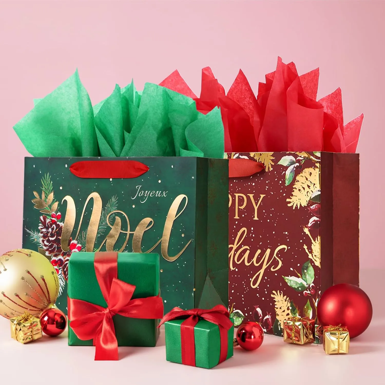 PAPER FAIR 12Pcs Red Green Metallic Gold Christmas Gift Bags Bulk, Medium 9x7 In, Gilded Xmas Tree Noel Gift Wrap Bags, Mistletoe Foiled Paper Favor Bag Gift Packaging for Thanksgiving Holiday New