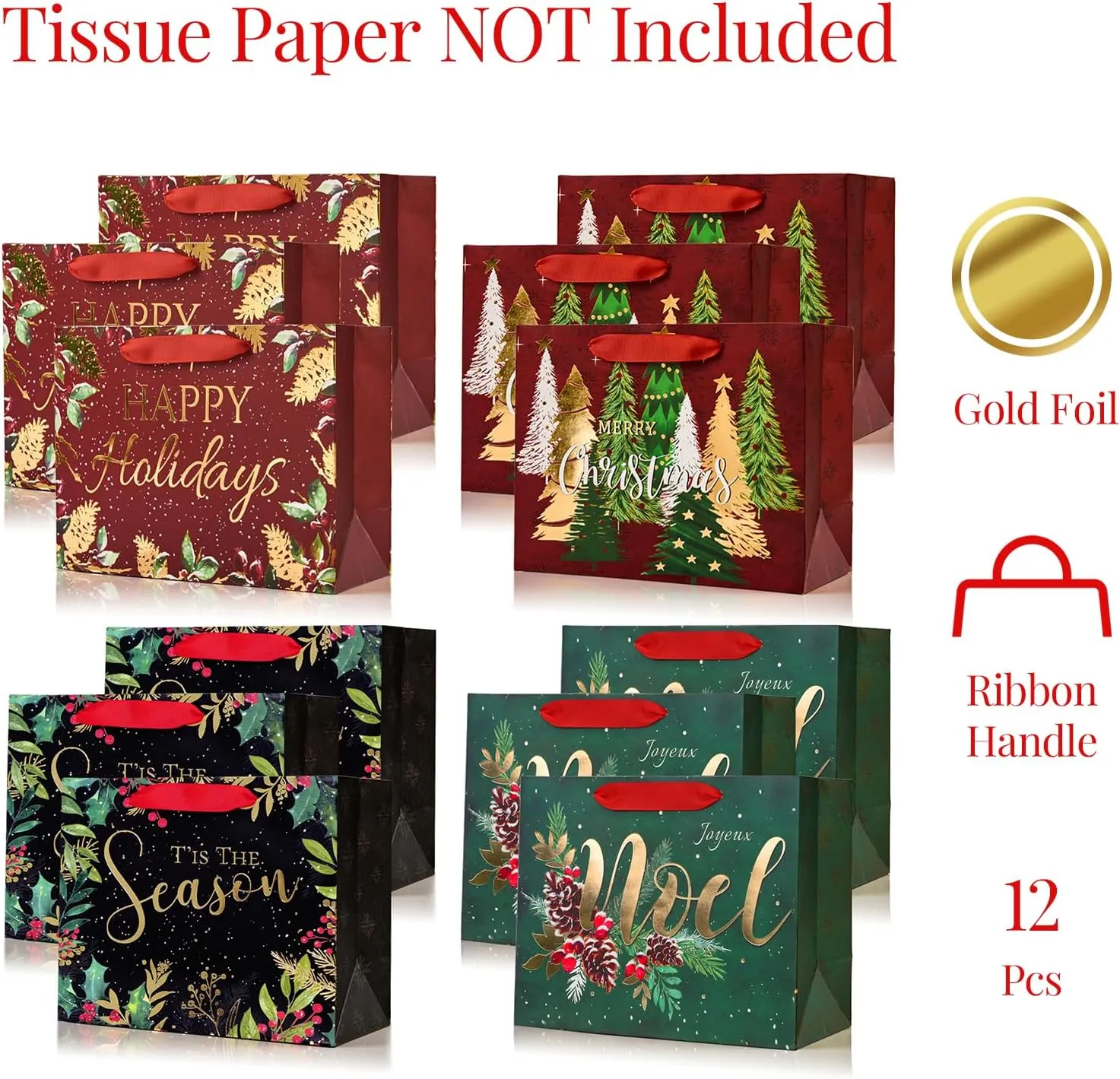 PAPER FAIR 12Pcs Red Green Metallic Gold Christmas Gift Bags Bulk, Medium 9x7 In, Gilded Xmas Tree Noel Gift Wrap Bags, Mistletoe Foiled Paper Favor Bag Gift Packaging for Thanksgiving Holiday New