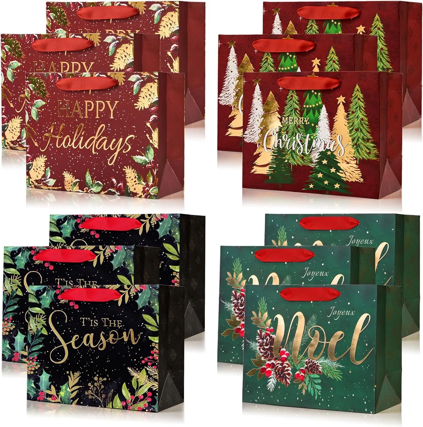 PAPER FAIR 12Pcs Red Green Metallic Gold Christmas Gift Bags Bulk, Medium 9x7 In, Gilded Xmas Tree Noel Gift Wrap Bags, Mistletoe Foiled Paper Favor Bag Gift Packaging for Thanksgiving Holiday New